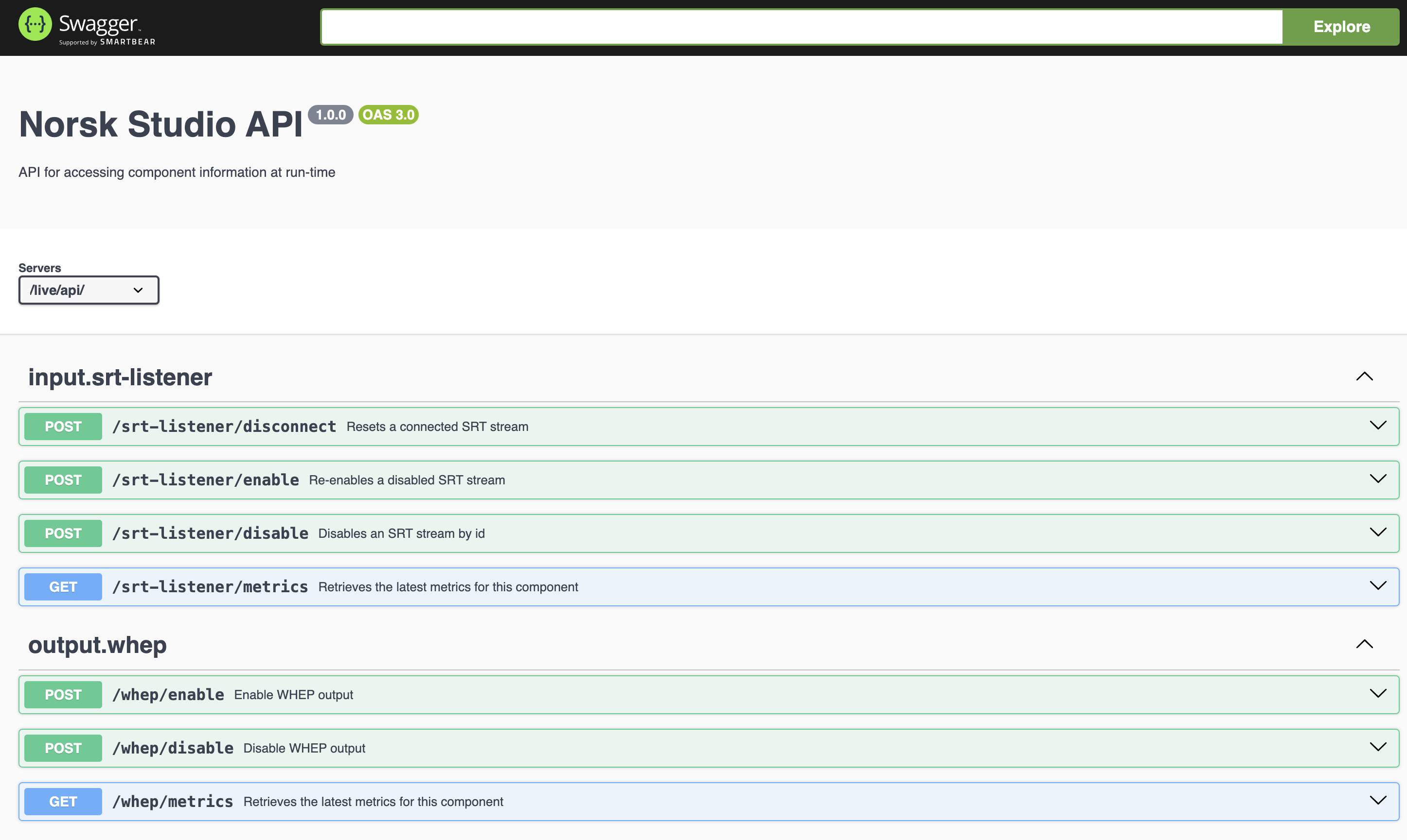 Swagger interface showing Norsk Studio APIs